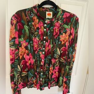 FARM Rio for Anthropologie Floral Button-Up Blouse in Pink, Green & Brown